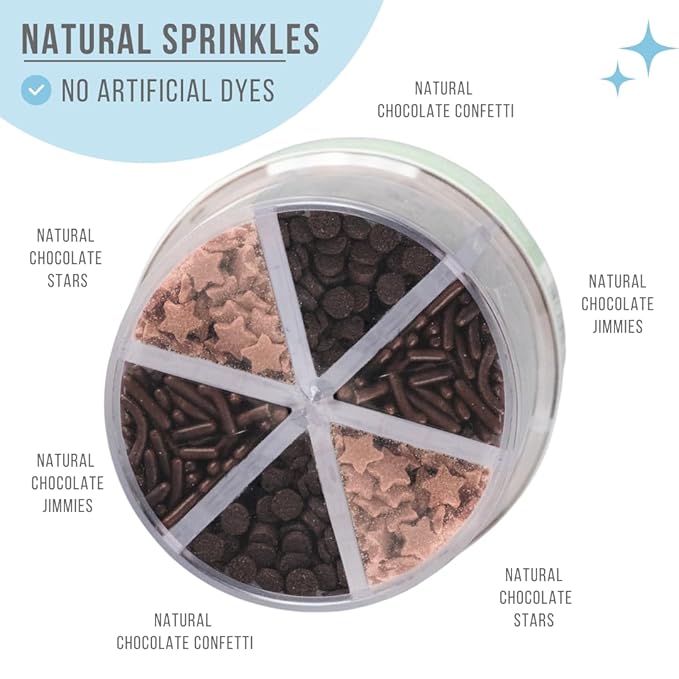 Sweets Indeed Dye-Free Chocolate Sprinkles – 2.75 oz 6-Cell Mix with Jimmies, Star Shapes & Confetti Circles | Natural Brown Sprinkle Set for Cookies, Cakes, Cupcakes & Dessert Decorating