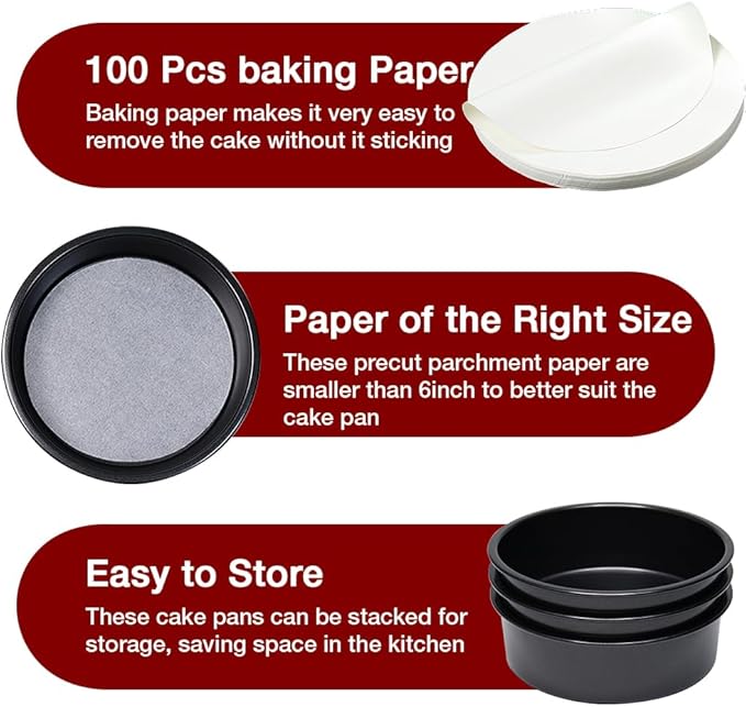 6 Inch Cake Pan Set of 3, Round Cake Pans with 100 Pieces Parchment Paper, Cake Baking Pans, Cake Tins for Baking