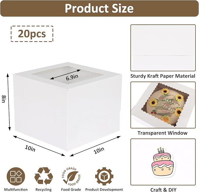 Moretoes 20pcs Cake Boxes, 10x10x8 Inches Tall Cake Box with Window, White Bakery Box, Large Baking Boxes with Window for Valentine's Day, Mother's Day, Pastries, Pies, Desserts