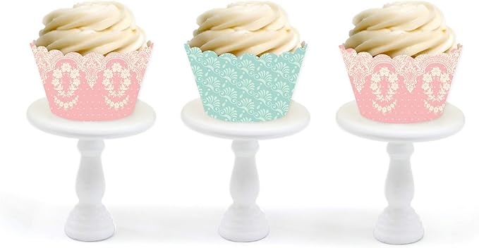 Andaz Press Party Cupcake Wrapper Decorations, Tea Party Pink and Blue Lace, 24-Pack, Theme Colored Bulk Cake Supplies