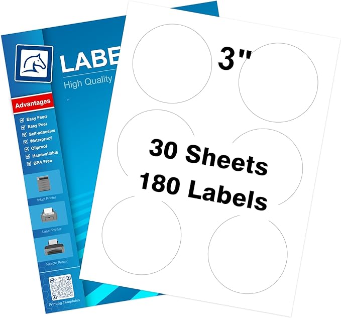 3" Round Sticker Labels for Laser/Ink Jet Printers, White Printable Sheets, Circle Stickers, 30 Sheets | 180 Labels (HB-C006)