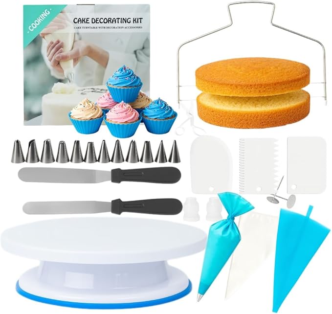 82 Pcs Cake Decorating Kit with Non-Slip Turntable, Stand,Leveler, 12 Piping Nozzles, Spatulas,Cupcake, 2 Reusable & 50 Disposable Bags,Complete Starter Set for Beginners & Home Bakers