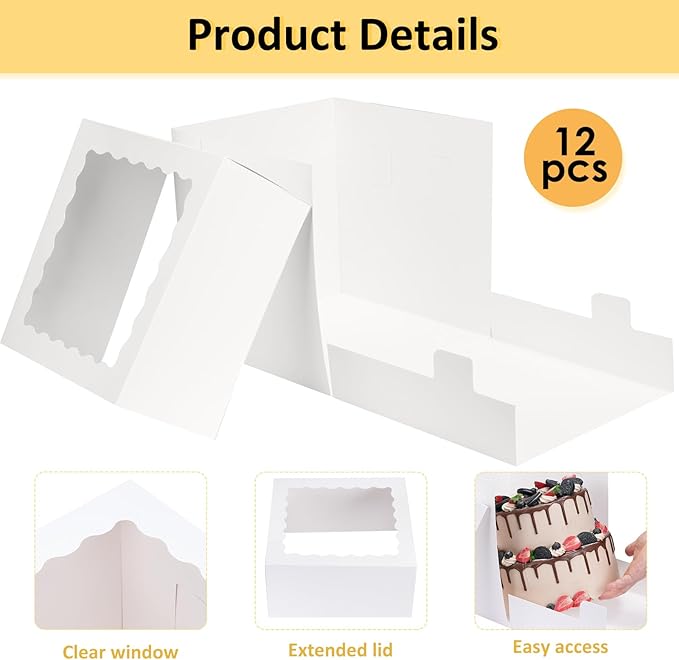 Moretoes 12 Pack Cake Boxes, 12x12x12 Inch Cake Box with Window for Tier Cakes, Sturdy Tall Cake Carrier with Lids, Disposable Containers for Valentine's Day, Mother's Day, Wedding, Birthday, Party