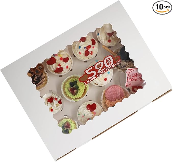 10-Set Cupcake Boxes Bulk with Clear Display Window Hold 12 Standard Cupcakes, Disposable Food Grade White Cupcake Carrier Cupcake Container, Perfect for Cupcakes Muffins Cookies Pastries