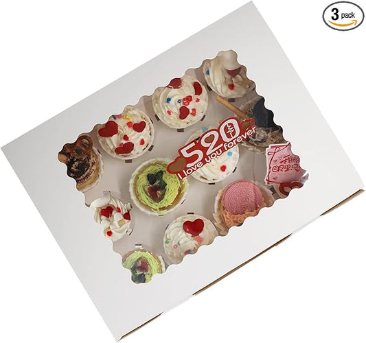 3-Set Cupcake Boxes Bulk with Clear Display Window Hold 12 Standard Cupcakes, Disposable Food Grade White Cupcake Carrier Cupcake Container, Perfect for Cupcakes Muffins Cookies Pastries
