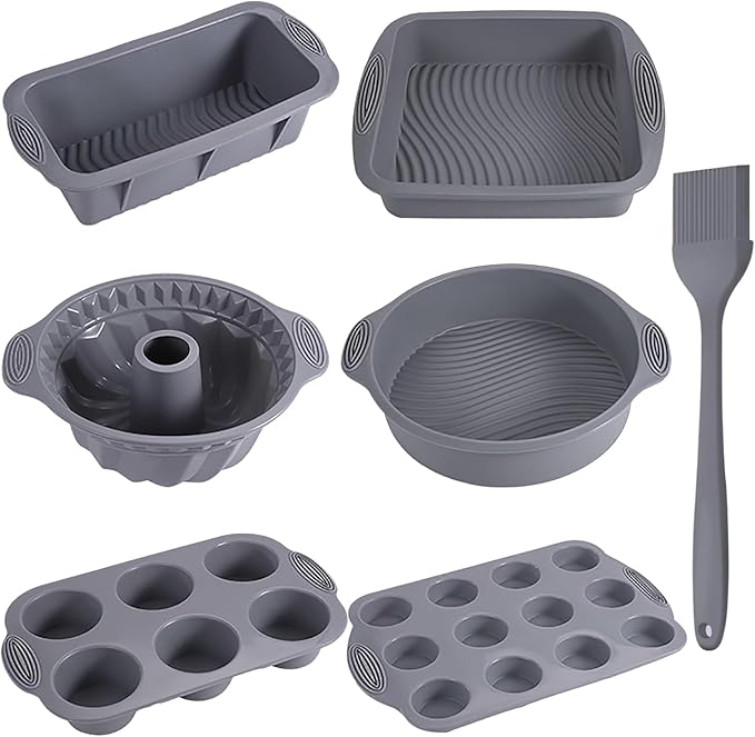 7in1 Nonstick Silicone Bakeware Set Silicone Cake Molds set Including Baking Pan, Cake Mold, Cake Pan, Toast Mold, Muffin Pan, and Cupcake Mold Silicone Brush Set