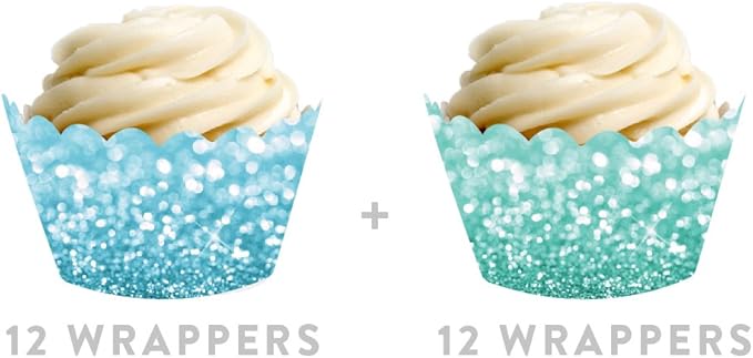 Andaz Press 24-Pack Faux Baby Blue and Aqua Glitter Cupcake Wrappers, Disposable, Cardstock, Ocean, Party, Social Gatherings and Celebrations