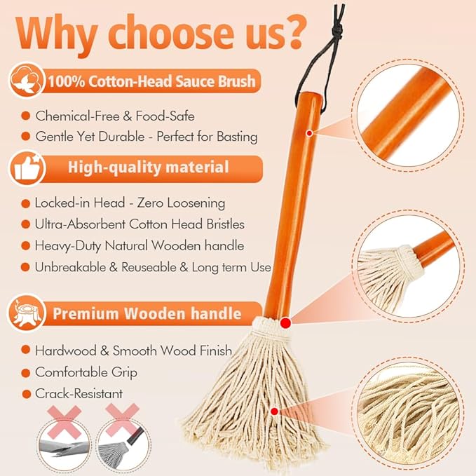16" BBQ Sauce Basting Mops & Brushes for Roasting or Grilling, Apply Barbeque, Marinade or Glazing, Cotton Fiber Head and Hardwood Handle, Dish Mop Style, Perfect for Cooking or Cleaning - Pack of 3
