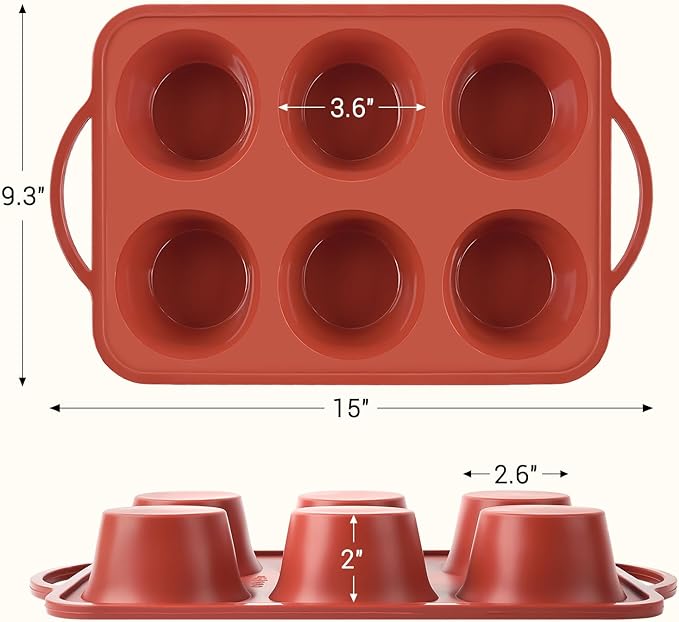 JOERSH 2 Pack Jumbo Muffin Pan with Metal Frame, 6 Cup Large Cupcake Mold with Handles, Non-Stick Silicone Baking Tray for Jumbo Muffin, Cupcake, Egg Bite