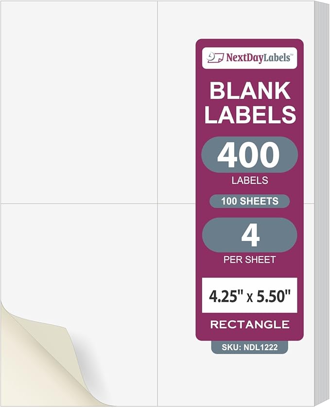 NextDayLabels – 4-1/4" x 5-1/2" Rectangular Sticker Labels for Printer - White Laser/Inkjet Printer Labels Return Address Labels Shipping Label Stickers (100 Sheets, 4 Per Sheet, 400 Labels)