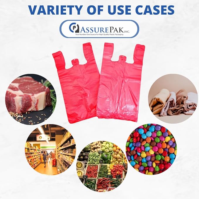 ASSUREPAK Easy Open - 1000 Bags - Colored Unprinted HDPE T-Shirt Bags - 1/6 BBL 11.5"X6"X21" - 13 microns - Red - Perfect for Groceries, Shopping and Retail Stores LOOP-RED-EO