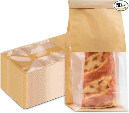 50Pcs Bakery Bags with Window, 5.1 x 3.9 x 11 Inches Kraft Paper Cookie Bags, Resealable Tin Tie Tab Lock Bags for Packaging, Bread Storage Bags, Coffee Bean Bags, Candy Bags