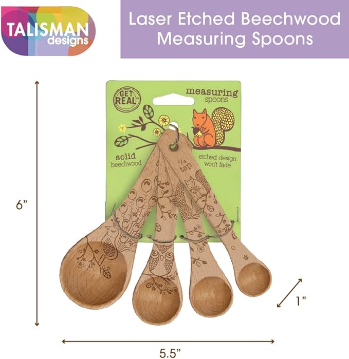 Talisman Designs Laser Etched Beechwood | Set of 4 | Woodland Design | Natural, Wooden Measuring Spoons Set| Cute & Functional Kitchen Tools