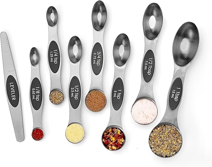 SHIKORI Magnetic Measuring Spoons Set of 8 Stainless Steel Stackable Dual Sided Nesting Teaspoons and Tablespoons for Measuring Dry and Liquid Ingredients-Black