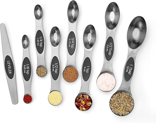 SHIKORI Magnetic Measuring Spoons Set of 8 Stainless Steel Stackable Dual Sided Nesting Teaspoons and Tablespoons for Measuring Dry and Liquid Ingredients-Black
