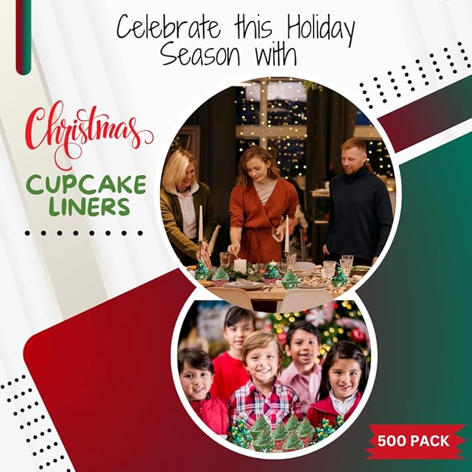 Green Direct Cupcake Liners - Standard Size Cupcake Wrappers to use for Pans or carrier or on stand - Paper Baking Cups, Christmas Design, (Pack of 500)