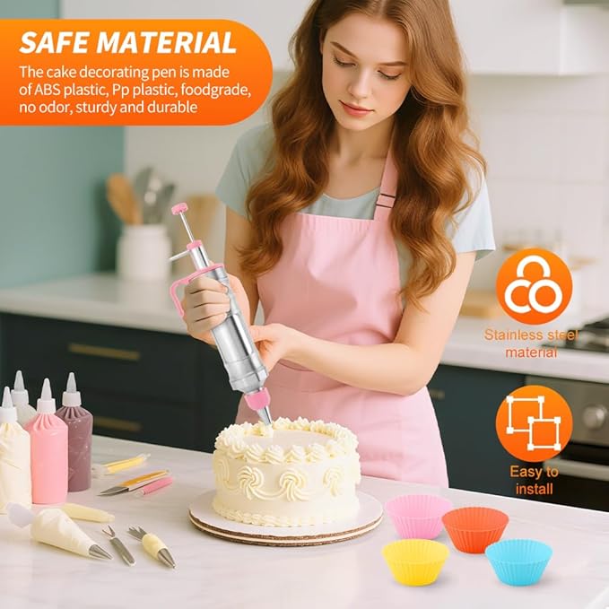 Dessert Decorating Syringes Set, Frosting Piping Kit Stainless Steels Cake Decorating Tool with 6 Piping Tips & 12 silicone cupcakes, Frosting Filling Injector Cake Icing Tools