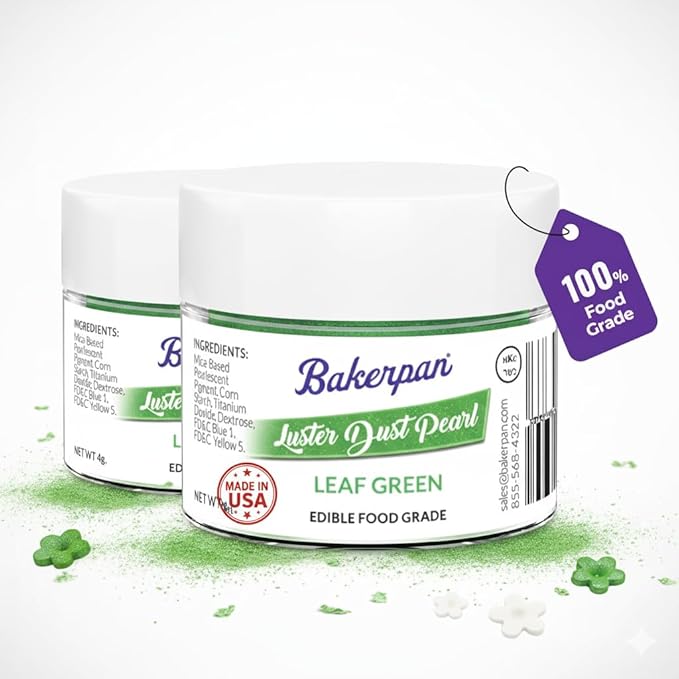 Bakerpan Pearl Luster Dust Edible, Leaf Green Edible Glitter for Cocktails, Set of 2-4 Grams Glitter for Cake Decorating, Cookies, Chocolates and Candies, Drinks (Made in USA)