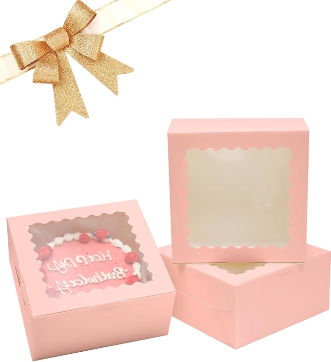 Bakepacker 8x8x5 Inches 36pcs Pink Cake Boxes with Window 18-Packs (18 Boxes +18 Cake Boards Included)
