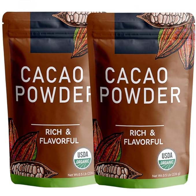 226g/2pack, Raw Organic Cacao Powder - Cold-Processed Unsweetened Cocoa, High Antioxidant Superfood for Protein Shakes & Hot Chocolate, Keto/Paleo Friendly