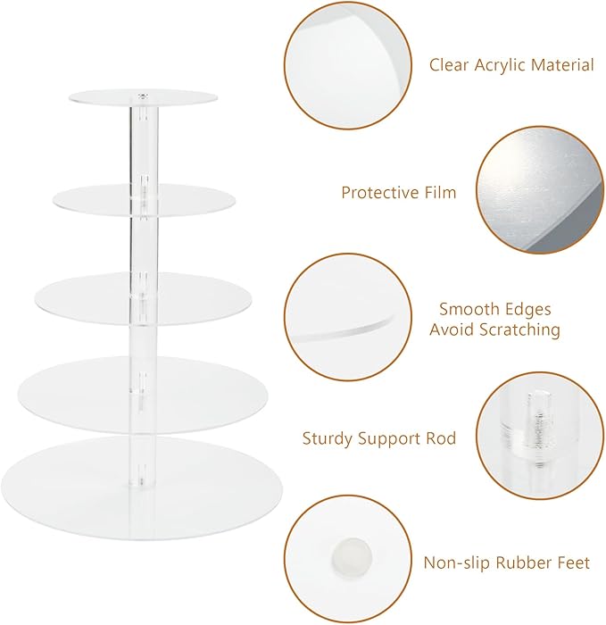 5 Tier Cake Stand, Acrylic Round Cupcake Stand Clear Cupcake Tower Holder Display Stand for Party, Birthday, Wedding, Dessert, Baby Shower Decor