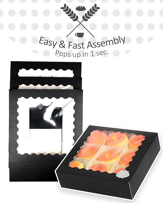 qiqee 8x8x2.5 Inch Black Pastry Box With Window Donut Pie Boxes 12pcs Bakery Box (Auto-pop Up)