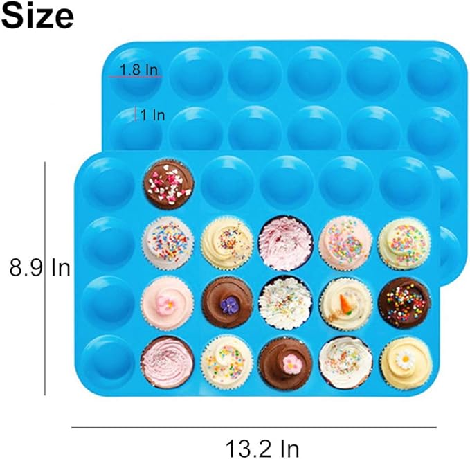 Qtopun Silicone Mini Muffin Pan, 4 Pack 24 Cups Silicone Mold Cups Baking Pan, Silicone Muffin Tins Baking Moulds-Blue