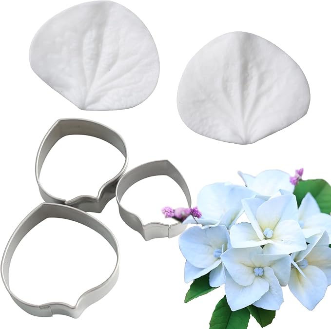 Hydrangea Fondant Mold & Cutter Set, 2 Pcs Silicone Molds with 3 Pcs Stainless Steel Cutters for Flower Veining and Cake Art