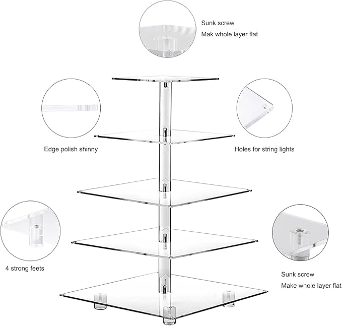 Cupcake Stand, Elegant Cupcake Holder with Brighter Yellow LED String Light, Clear 5-Tier Square Acrylic Cupcake Tower for Wedding, Birthday, Baby Shower, Party (Yellow light)