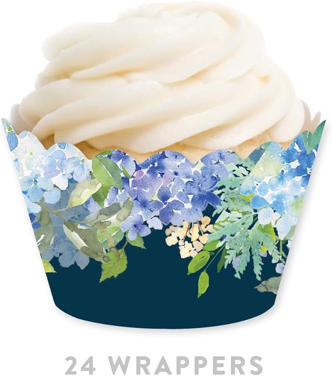 Andaz Press Party Cupcake Wrapper Decorations, Baby Blue Hydrangeas on Navy Blue, 24-Pack, For Girls 1st Birthday Baby Bridal Shower Tea Party Themed Decorations