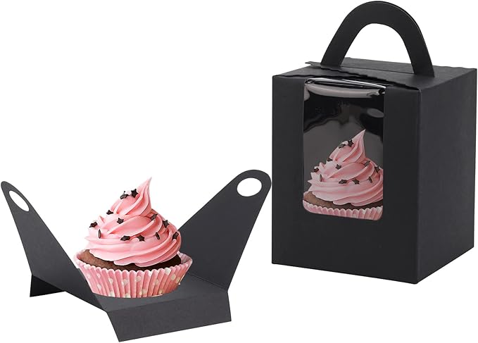acDesign 100Pcs Cupcake Boxes With Window 3.6in*3.6in*4.3in Single Individual Cupcake Boxes With Handle and Inserts for Wedding Birthday Party Treats Gift,Black