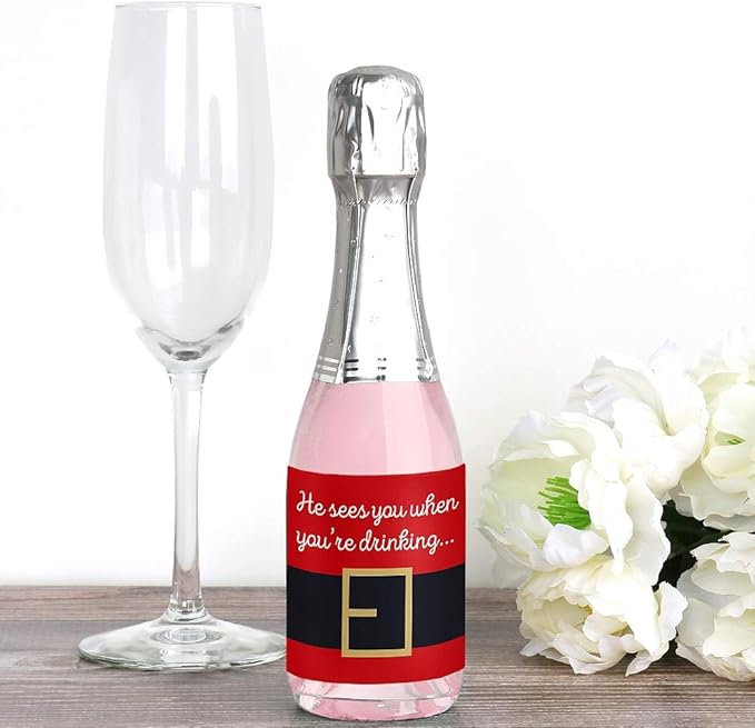 Big Dot of Happiness Santa Claus' Belt - Mini Wine and Champagne Bottle Label Stickers - Christmas Party Favor Gift for Women and Men - Set of 16