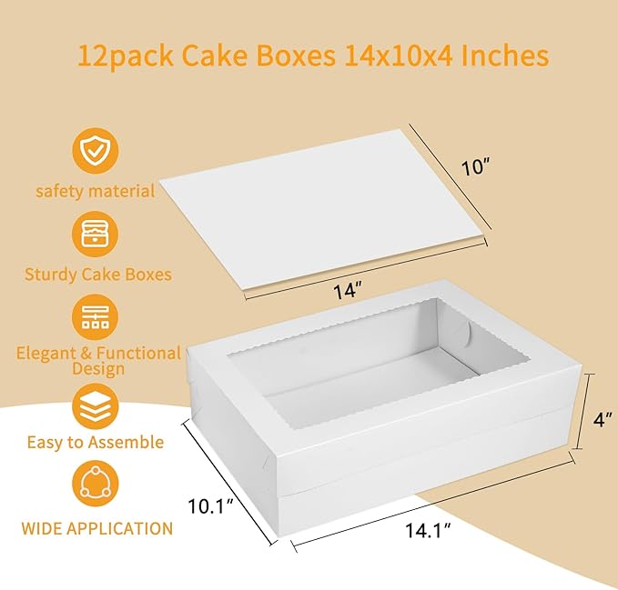 Aufind 12pcs Cake Boxes with Cake Board, 14x10x4 Inches White Bakery Boxes with Large Window for Quarter Sheet Cakes, Donuts, Cupcakes, Pastry & Pies
