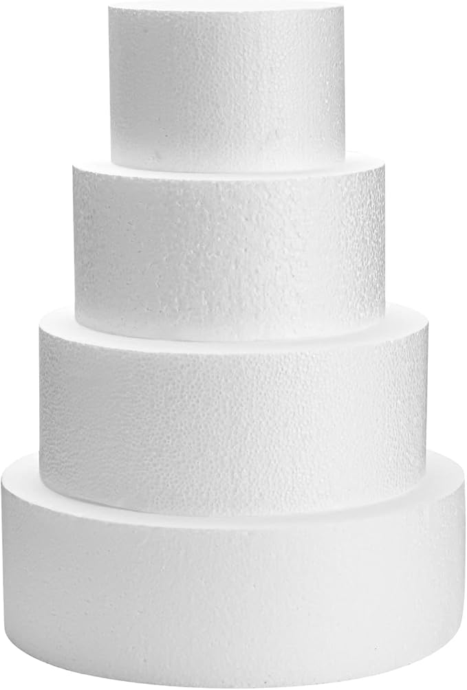 Juvale Round Foam Cake Dummy - Wedding Cake Display Platform - Stackable Tier Stacking Kit - Practice Decorating Supplies - 6", 8", 10" & 12" Tiers, 16" Tall