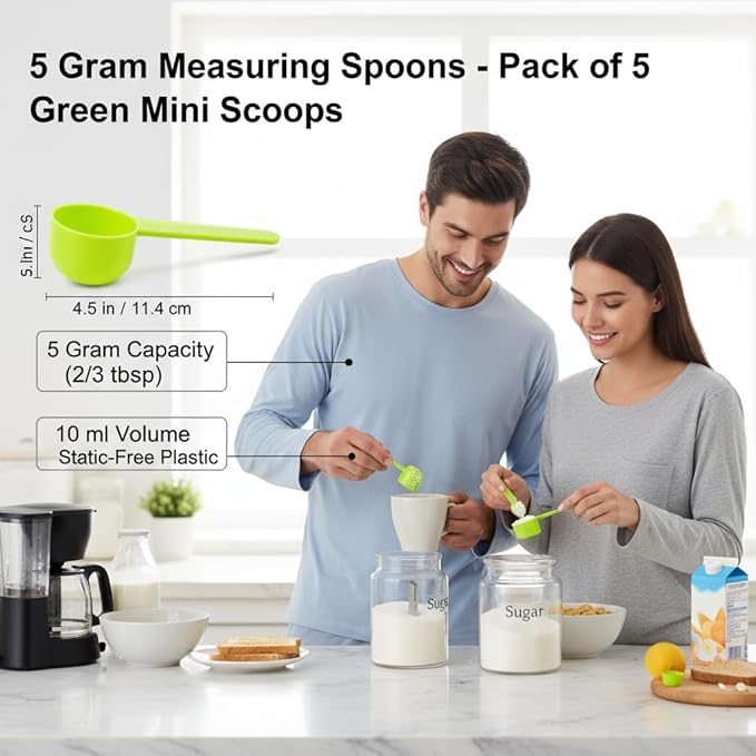 5g Plastic Measuring Spoons (10ml) – Pack of 5 Small Scoops for Protein Poweder, Creatine, Coffee, Lab, Baking, Laundry, Canisters, Dry Goods – 1 Teaspoon Measuring Spoons (tsp), Green