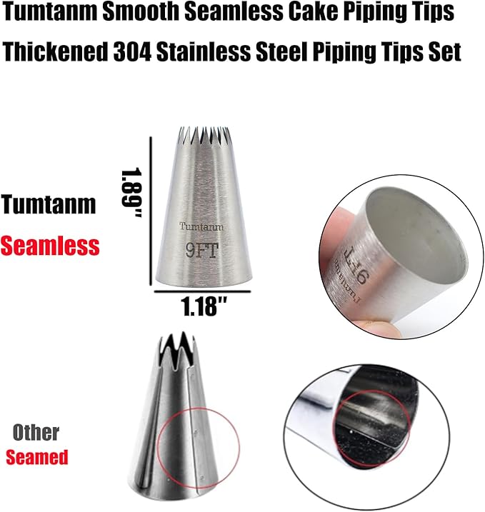 5 Pack Extra Large Piping Nozzles, 9FT 1B 1C 1E 356# Seamless Stainless Steel Piping Icing Tips for Cupcake