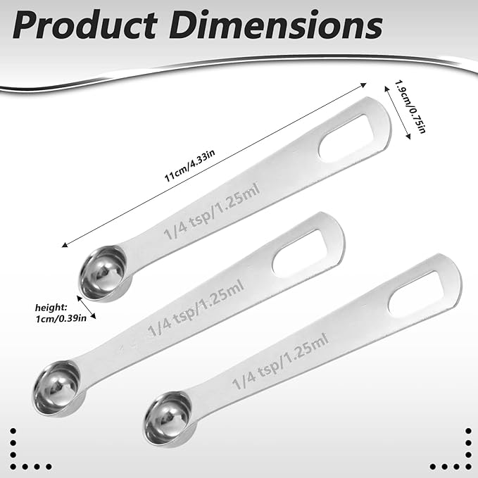 4 Pcs 1/4 Teaspoon Measuring Spoon,1/4 Teaspoon Scoop (1/4 Tsp | 1.25 Ml | 1.25 Cc) Mini Measuring Spoons Stainless Steel Single Measureing Spoon for Kitchen Tea Soup Ingredients