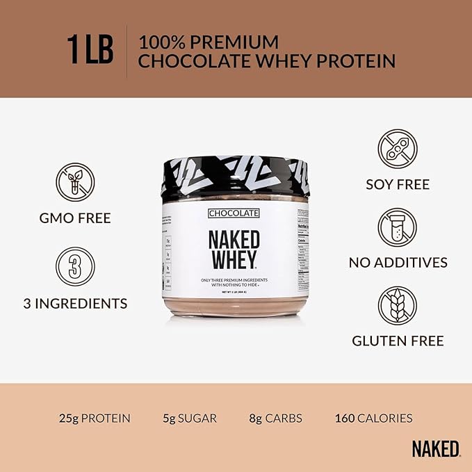 NAKED Chocolate Whey 1LB - All Natural Grass Fed Whey Protein Powder, Organic Cacao, and Coconut Sugar - No GMO, No Soy, and Gluten Free, Aid Growth and Recovery - 12 Servings