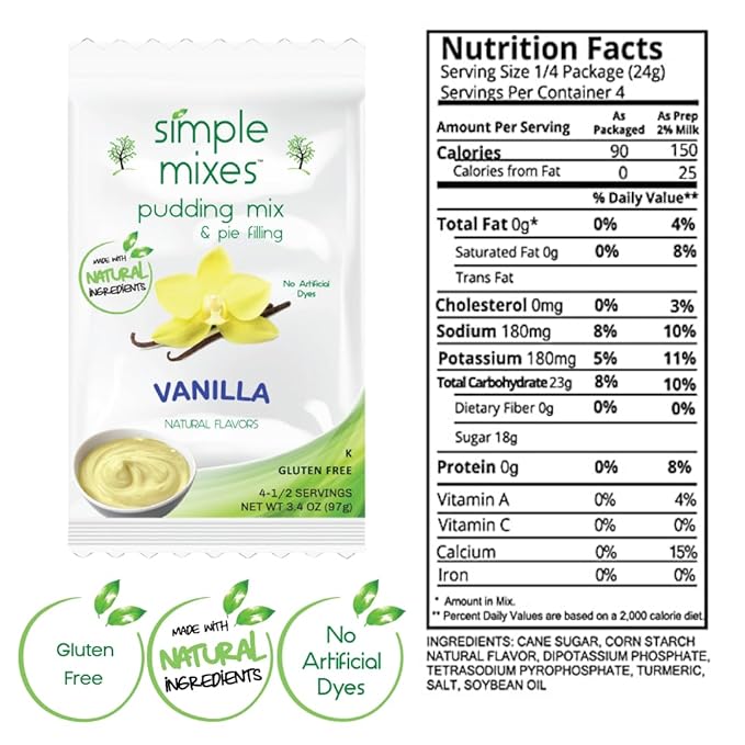 Simple Mixes Natural Instant Pudding & Pie Filling Mix, Healthy Snack, Vanilla, Gluten and Dye Free, No Fat, or Lactose, Kosher, 3 Pack