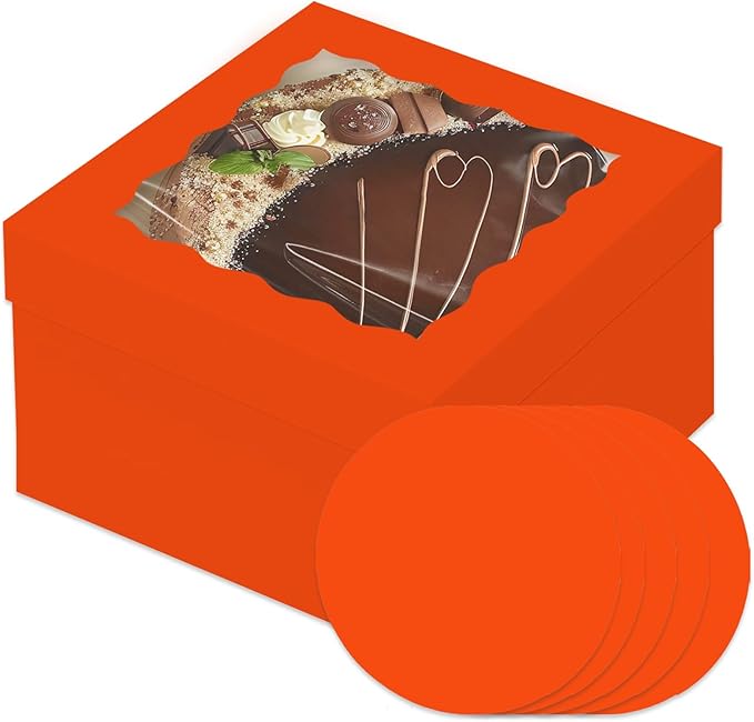 Bakepacker 36pcs 12x12x6 Inches Cake Boxes with Window 18-Packs Orange Cake Boxes 12 Inch Bakery Boxes (18 Cake Boxes +18 Cake Boards)
