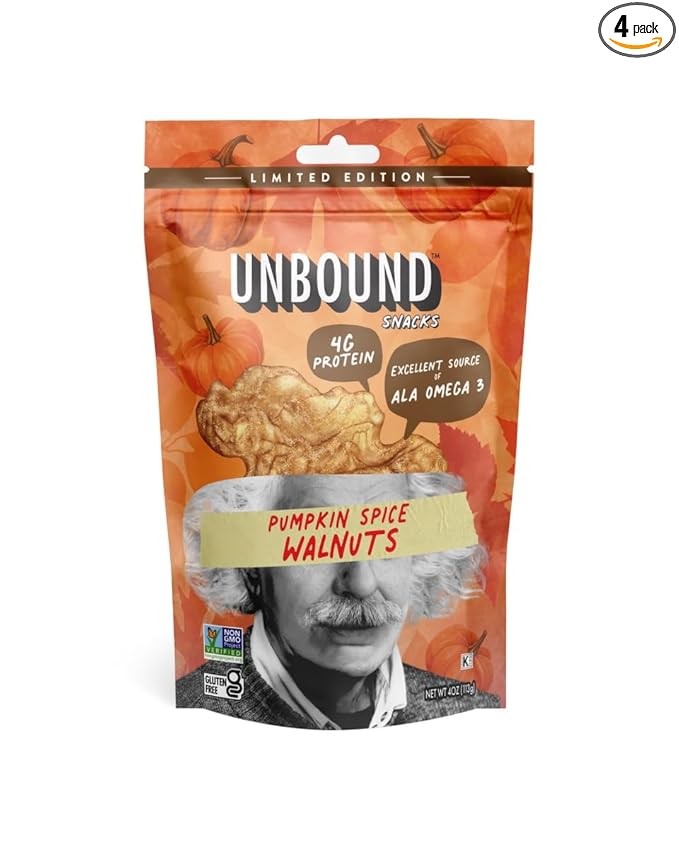 Unbound Snacks Flavored Nuts - Pumpkin Spice Walnuts, 4 oz (Pack of 4) - Healthy Snacks, 4g Protein, 1g Sugar, High in Omega 3, Gluten Free, Vegan - Freshly Roasted & Seasoned Gourmet Walnut Halves