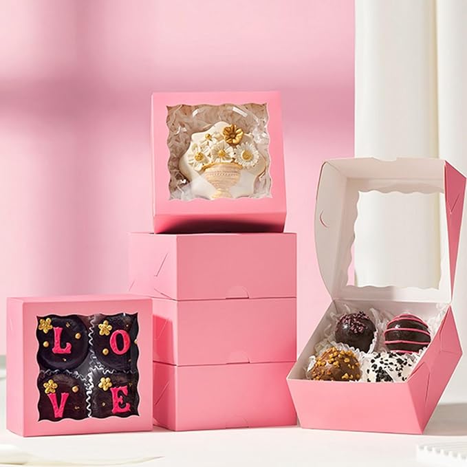 100 Pack 4x4x2 Inches Pink Bakery Boxes with Clear Window Perfect for Packaging Macaron Ores Chocolate Truffle Strawberry Cookie Donut Pie Treat Boxes for Wedding Valentine's Birthday