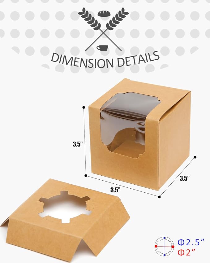 qiqee 60-Packs Cupcake Boxes Auto-pop up Individual Cupcake Container Brown Kraft 3.5" x 3.5" x 3.5" Single Cupcake Boxes