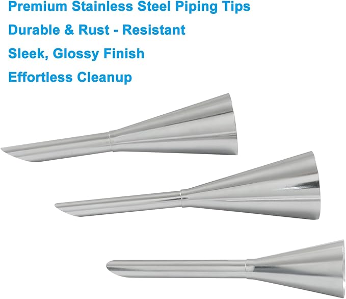 3 Pack Stainless Steel Piping Nozzle Tips with 50 Piping Bags, Long Cream Puff & Small Filling Nozzles for Cake/Pastry Decorating