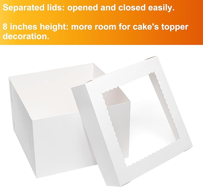 Cake Boxes 10x10x8 Inches 6 Pack Bakery Boxes with window for Tier Cakes 10 Inch Layer Tall Baking Carrier White Cardboard Bakery Take Out Transport Containers for Wedding, Birthday, Party