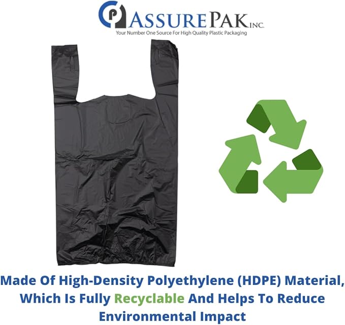 ASSUREPAK Easy Open - 1000 Bags - Black Unprinted HDPE T-Shirt Bags - 1/6 BBL 11.5"X6"X21" - 13 microns - Black - LOOP-BLACK-EO