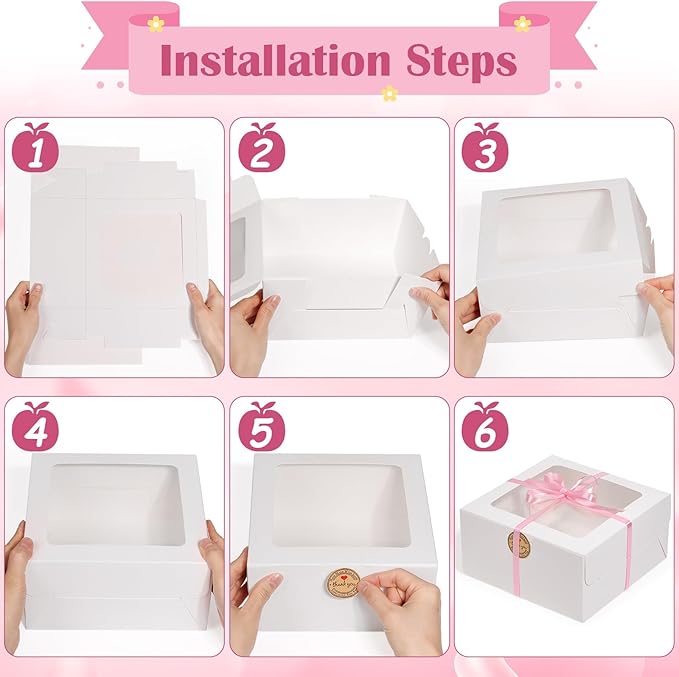 26pcs 10x10x5 Inches White Bakery Boxes Cake Boxes, White Bread Boxes with Windows for Pastries, Cupcakes,Cookies, Pie, Muffins and Donuts, Cake Boards Included