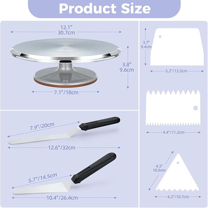 Cake Turntable, Ohuhu Aluminium 12'' Cake Decorating Kit Supplies Rotating Stand Revolving Spinner with 2 Icing Spatula 3 Comb Smoother Christmas Gifts