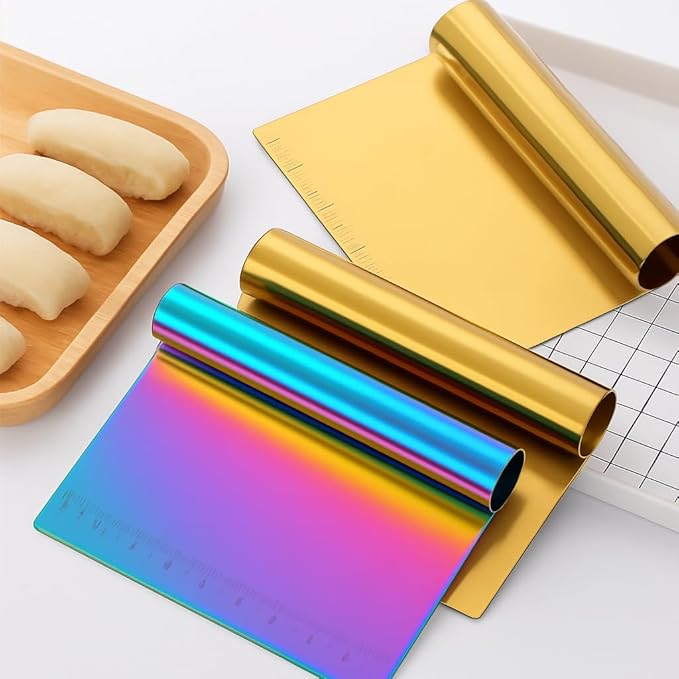 Premium Metal Cake Scraper & Pastry Cutter – Multi-Purpose Stainless Steel Dough Scraper with Ruler – Non-Slip Grip – Ideal for – Gold, Rose Gold & Rainbow Colors (gold)