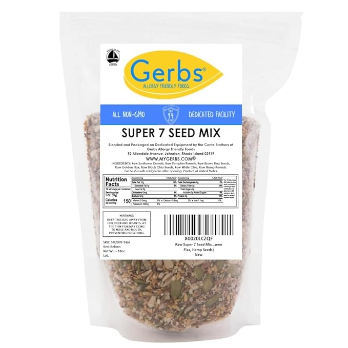 Gerbs Super 7 Seed Snack Mix 14 oz. | Raw, No Artificial Additives, Resealable Bag | Crunchy Pumpkin, Sunflower, Brown & Golden Flax, Black & White Chia, Hemp | Top 14 Allergen-Free
